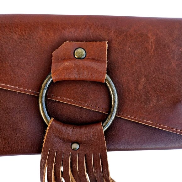 Vintage Leather Handbag Purse Clutch Wallet Fringe Brown Lisa Leonard - Picture 7 of 14